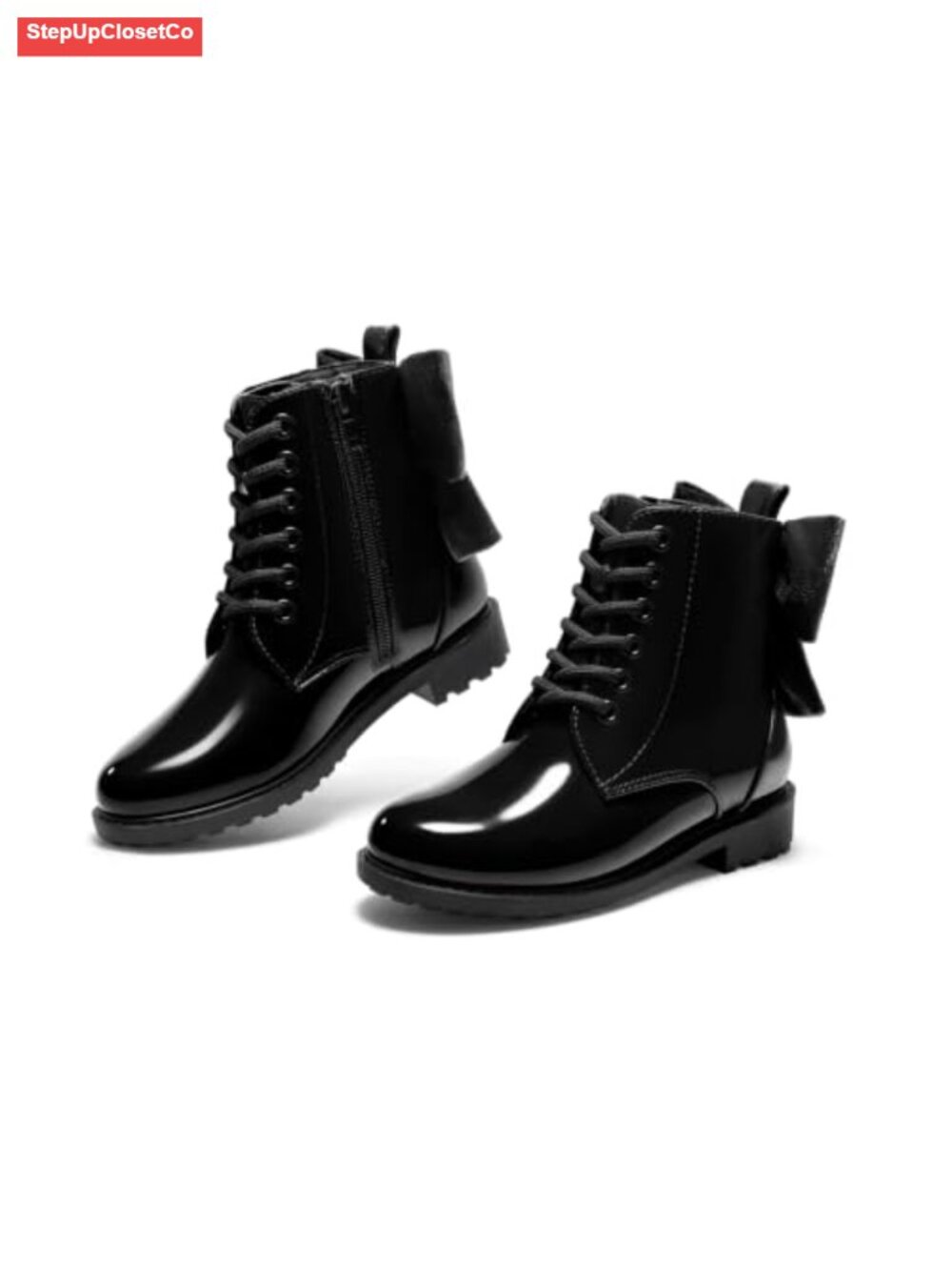 Girls Combat Ankle Boots Bow Lace Up Side Zipper Chunky Heel